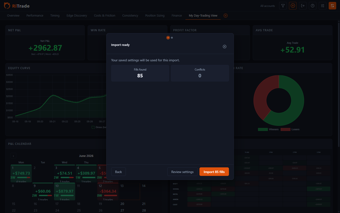 Import wizard showing the report selection workflow in RiTrade